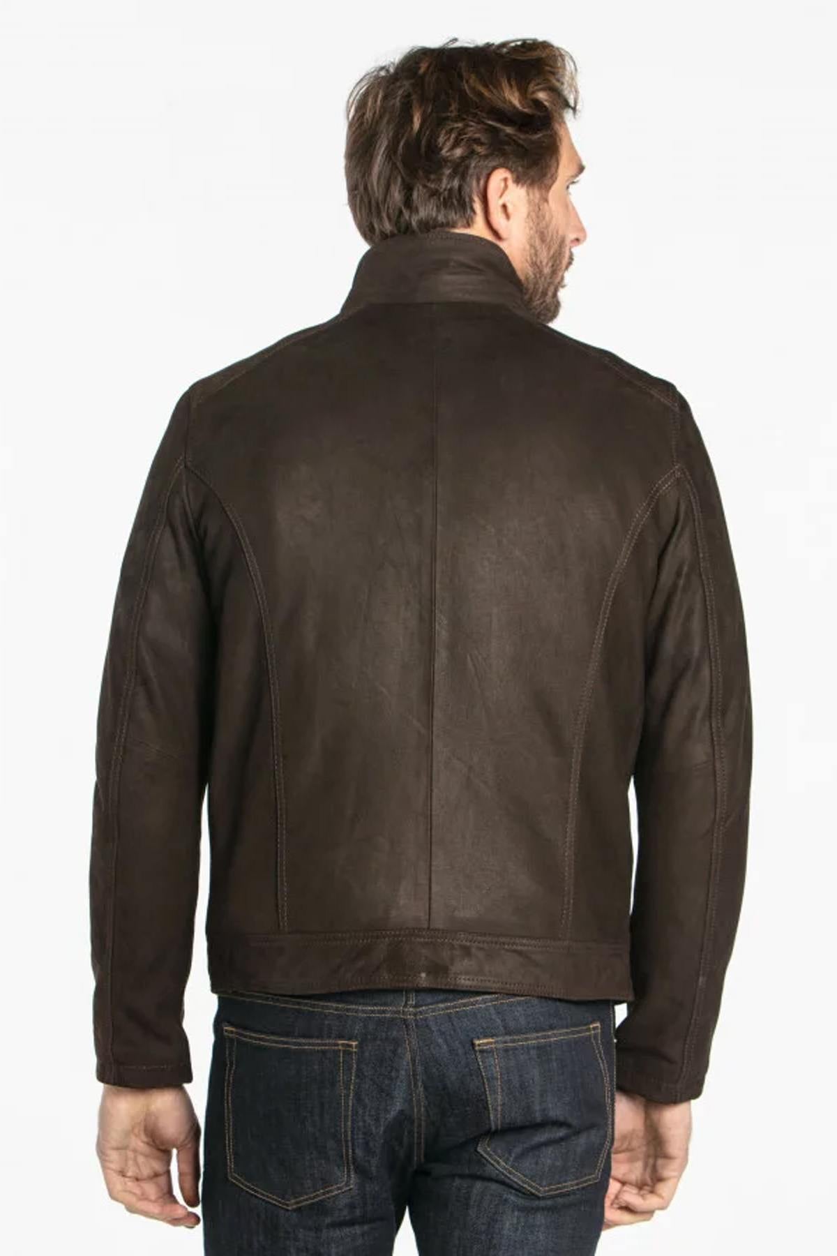 Maroon-brown cowhide jacket: regular fit, tapered waist, five pockets. - Image n°3