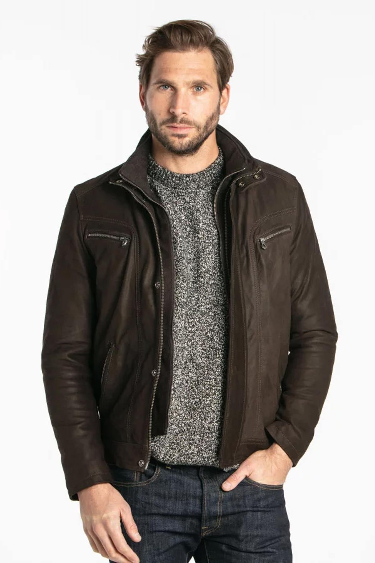 Maroon-brown cowhide jacket: regular fit, tapered waist, five pockets. - Image n°5