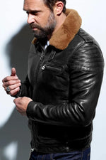 Vintage black lambskin aviator jacket with removable shearling collar. - Image n°1