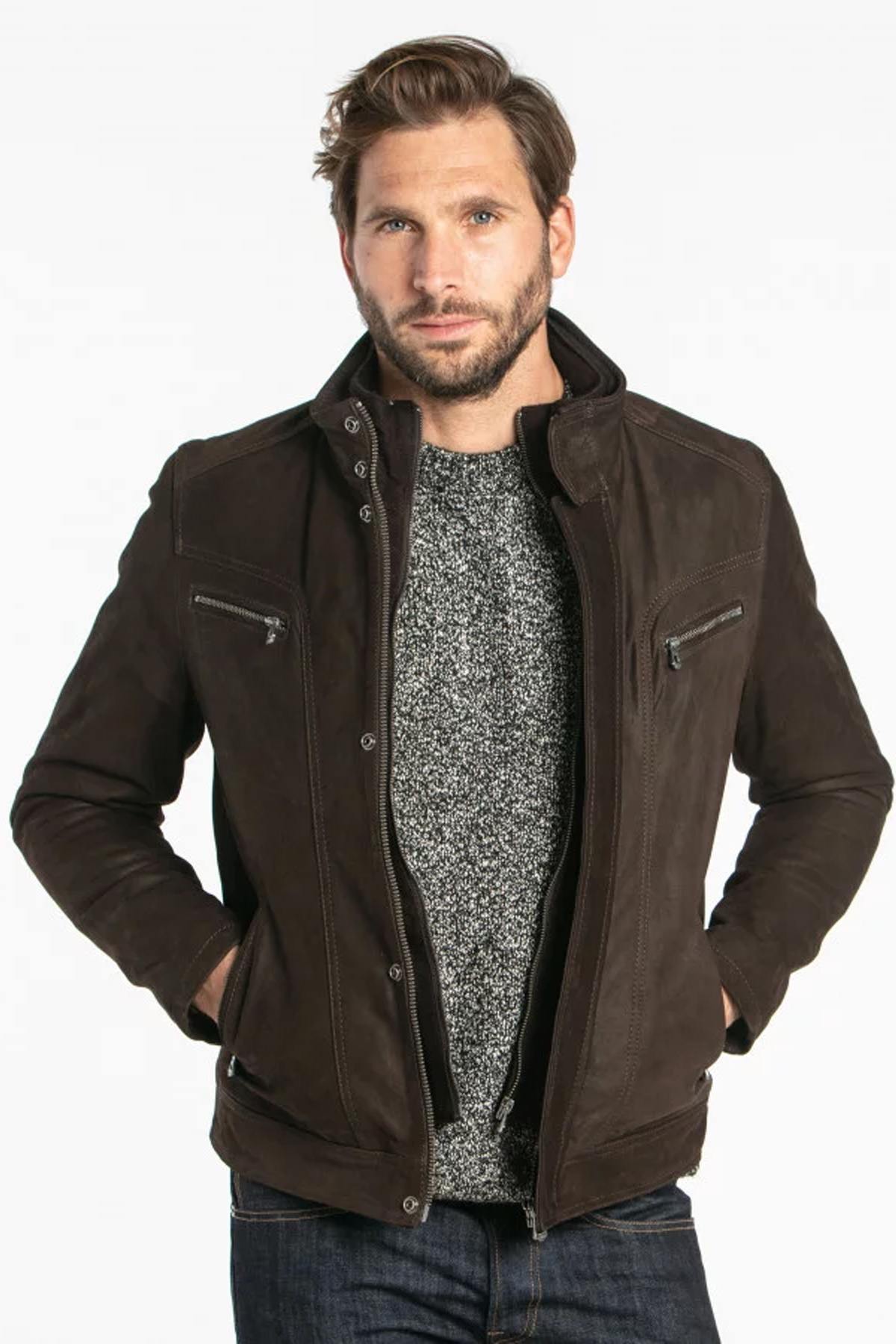 Maroon-brown cowhide jacket: regular fit, tapered waist, five pockets. - Image n°1