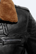 Vintage black lambskin aviator jacket with removable shearling collar. - Image n°3