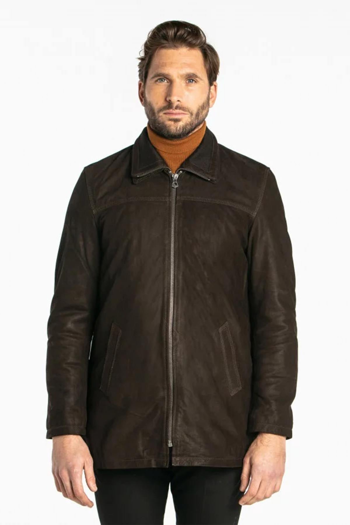 Mid-length timber brown cowhide jacket, regular fit for all seasons. - Image n°2