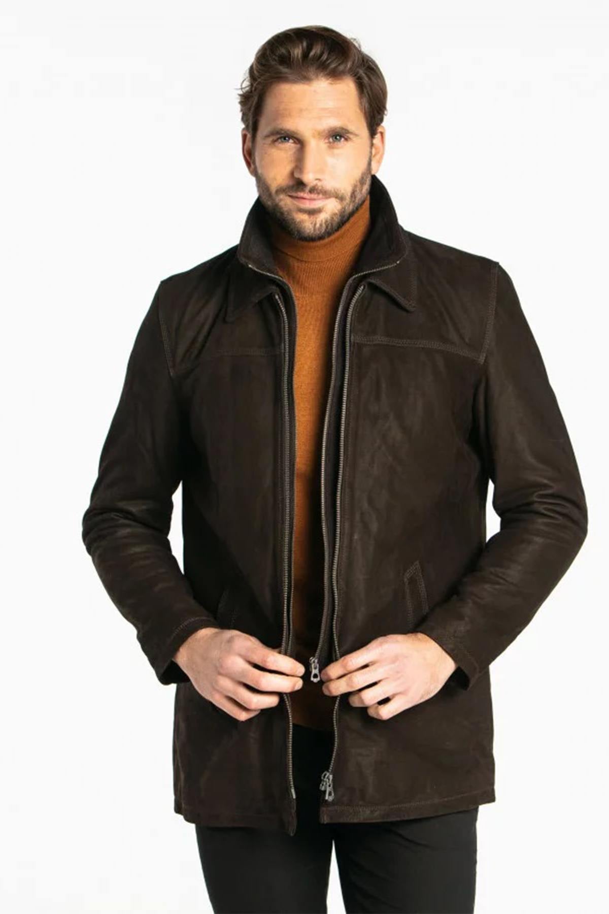 Mid-length timber brown cowhide jacket, regular fit for all seasons. - Image n°4