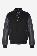 Schott's iconic black varsity jacket blends wool and cowhide leather. - Image n°5