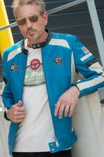 Sheep leather jacket inspired by 1966 Le Mans, Gitanes-blue accents. - Image n°1