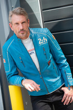 Regular-fit blue biker jacket in sheep leather with quilted accents. - Image n°1