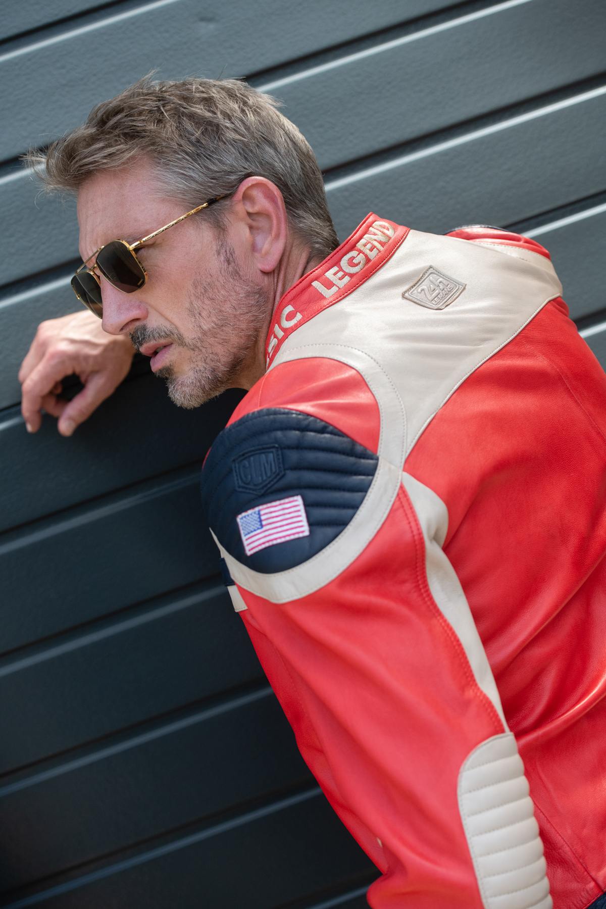 Sheep leather jacket in red/off-white, Le Mans 1966 tribute. - Image n°2