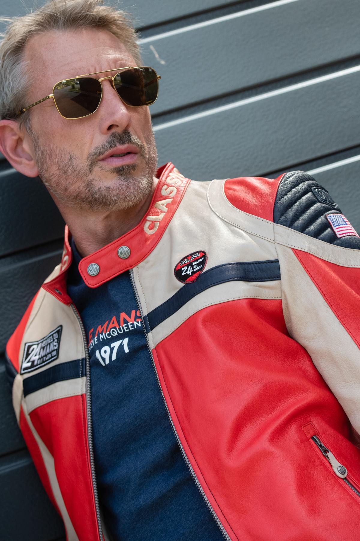 Sheep leather jacket in red/off-white, Le Mans 1966 tribute. - Image n°5