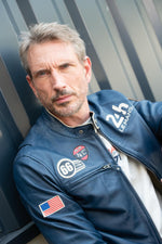 Glossy royal blue sheep leather jacket with contrast collar. - Image n°3