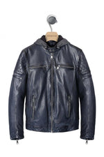 Navy blue leather jacket with removable hood - Image n°9