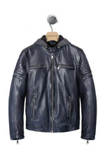 Navy blue leather jacket with removable hood - Image n°9