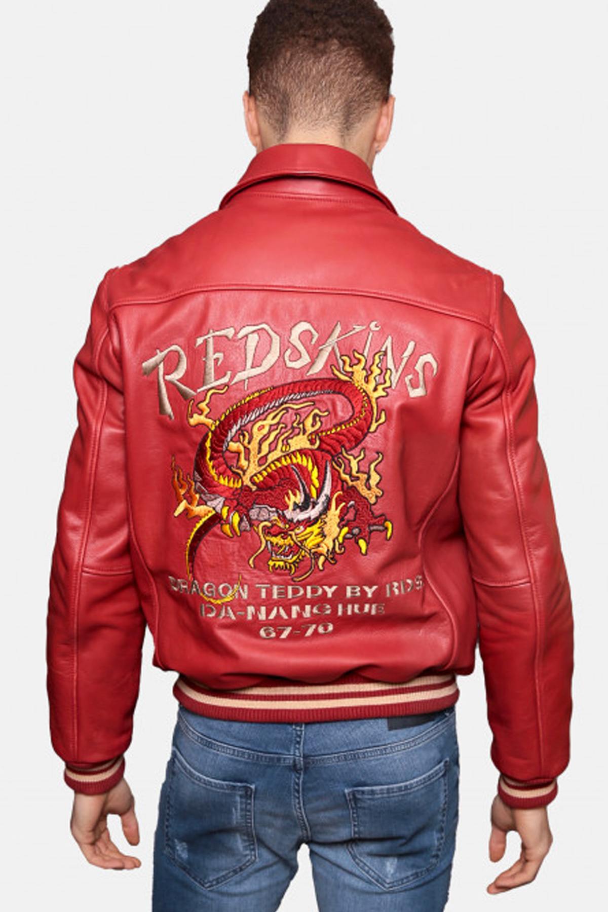 Redskins' red cowhide bomber with dragon embroidery and ribbed cuffs. - Image n°3