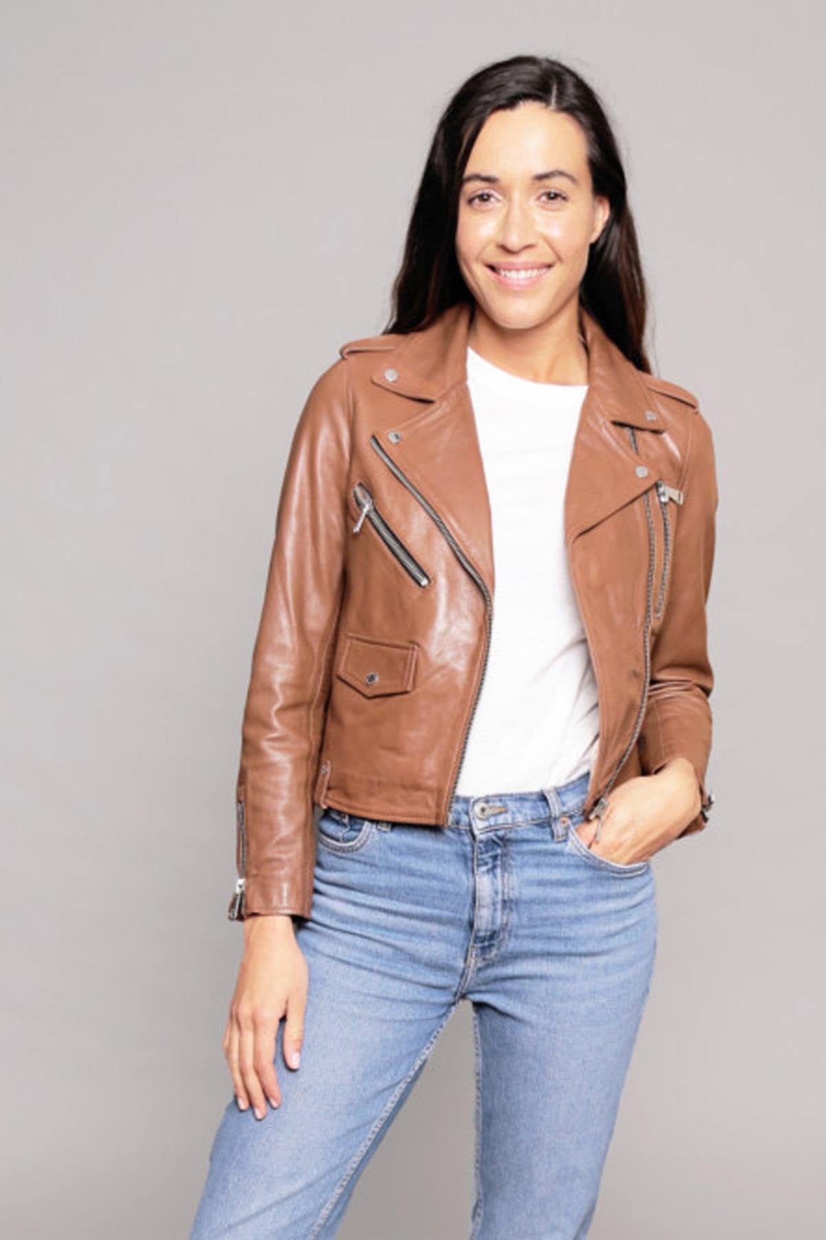 Glossy sheep leather biker jacket with tailored fit and bold collar. - Image n°1
