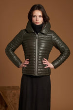Khaki genuine sheepskin leather down jacket - Image n°1