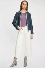 Blue leather jacket with removable hood - Image n°2