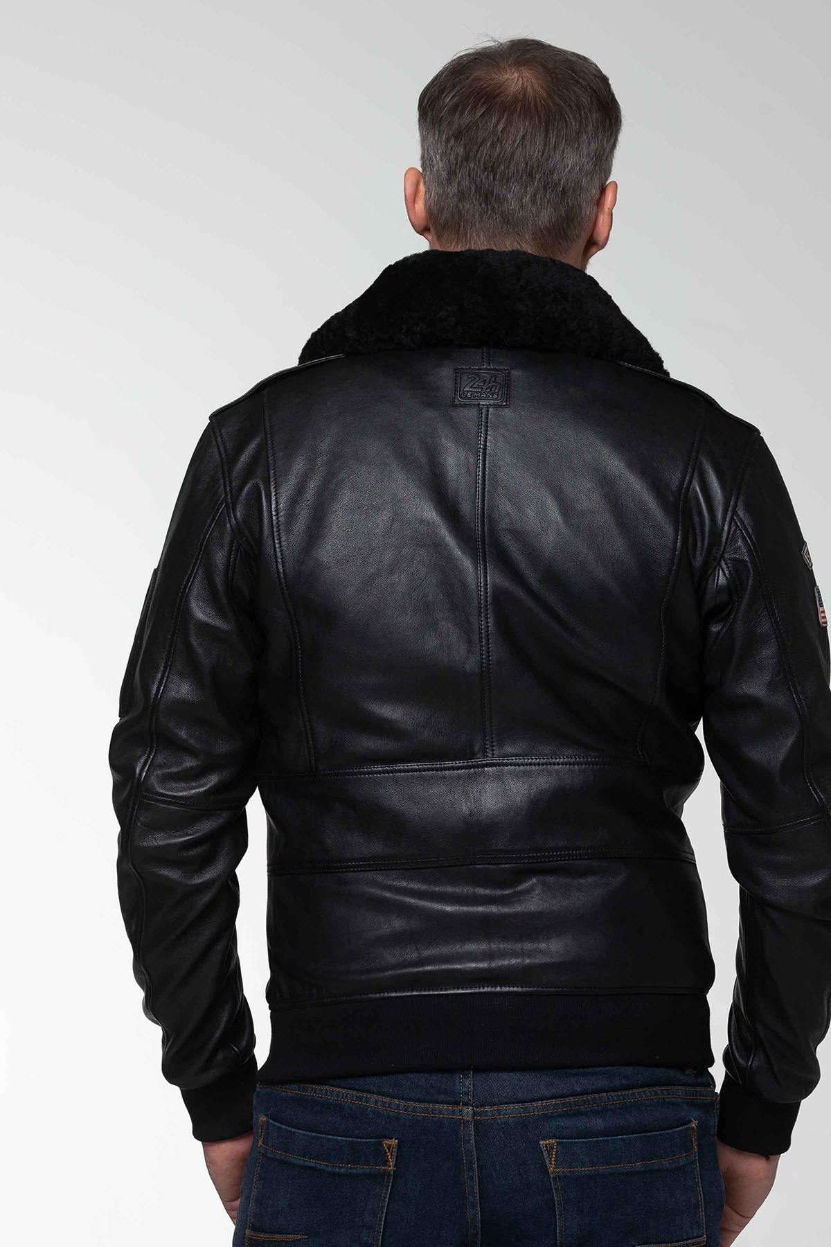 Sheep leather jacket with detachable fur collar and ribbed trims. - Image n°5