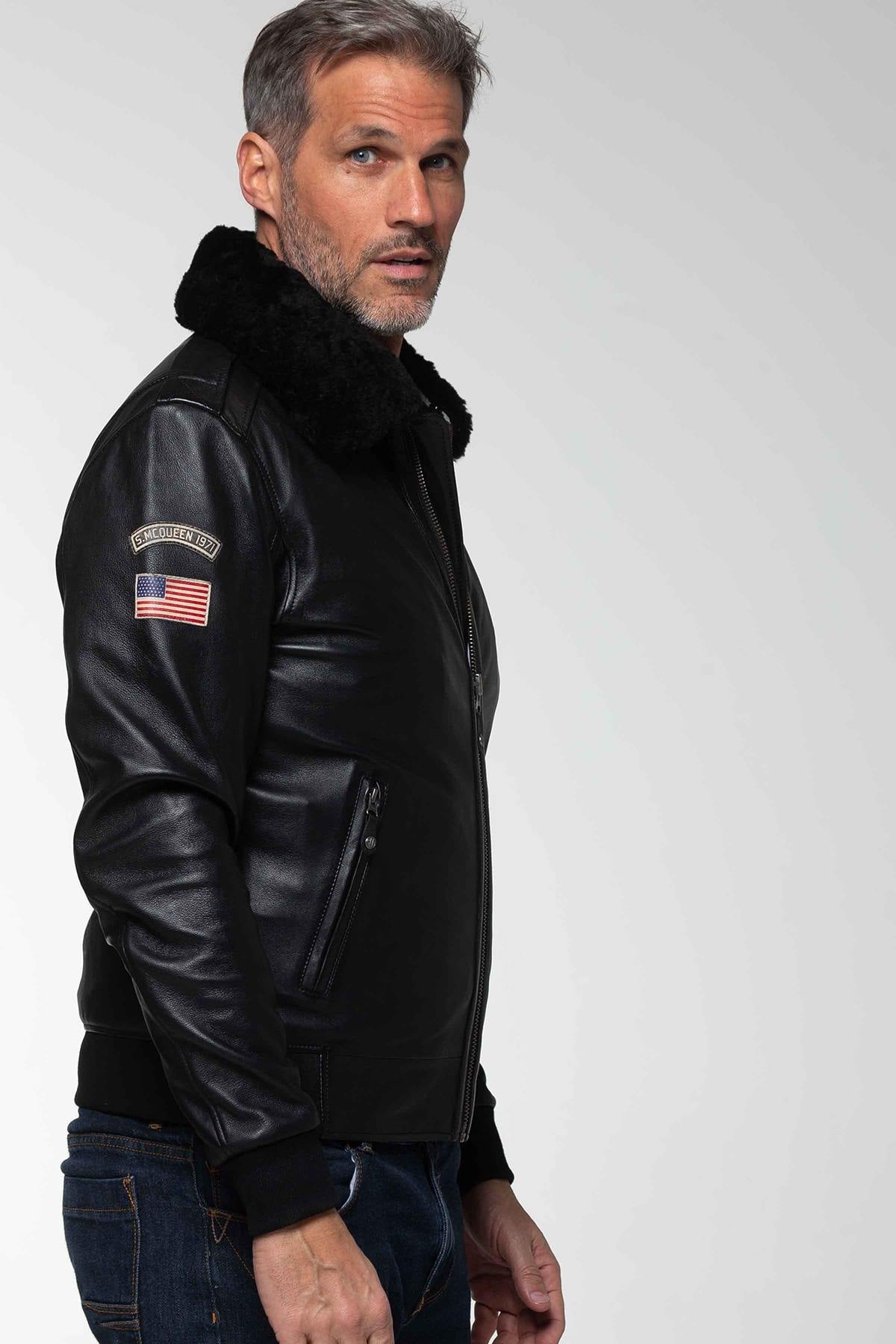 Sheep leather jacket with detachable fur collar and ribbed trims. - Image n°10