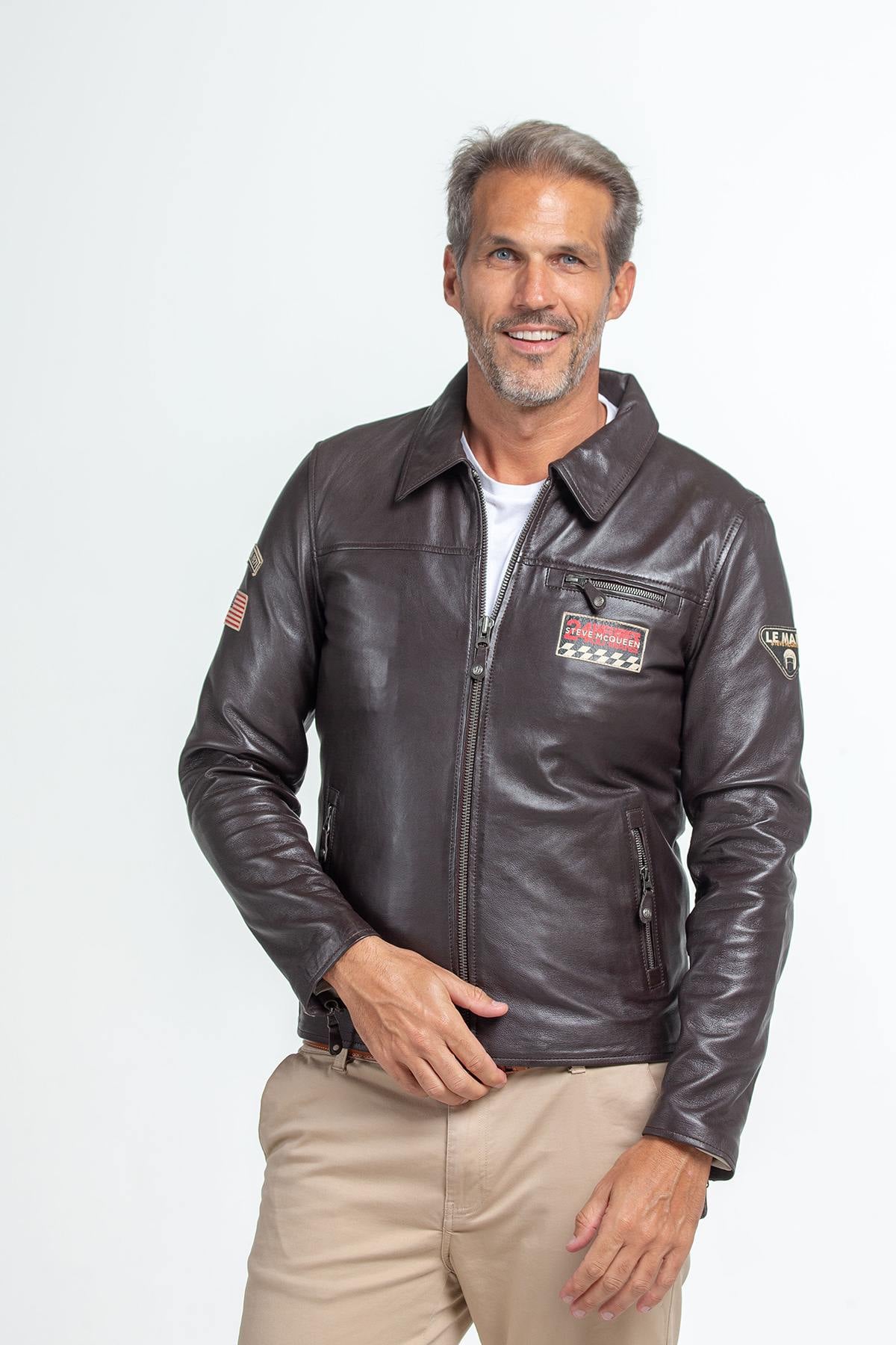 Maroon sheep leather jacket-*Le Mans* racing spirit in a shirt collar. - Image n°3