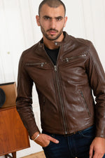 Vegetable-tanned lambskin jacket, slim fit. Moto collar, mid-season. - Image n°1