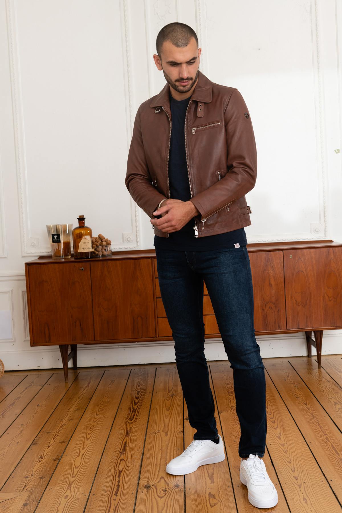 Redskins' Rider2 Stoner: cognac lambskin, biker style, shirt collar. - Image n°2