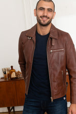 Redskins' Rider2 Stoner: cognac lambskin, biker style, shirt collar. - Image n°1