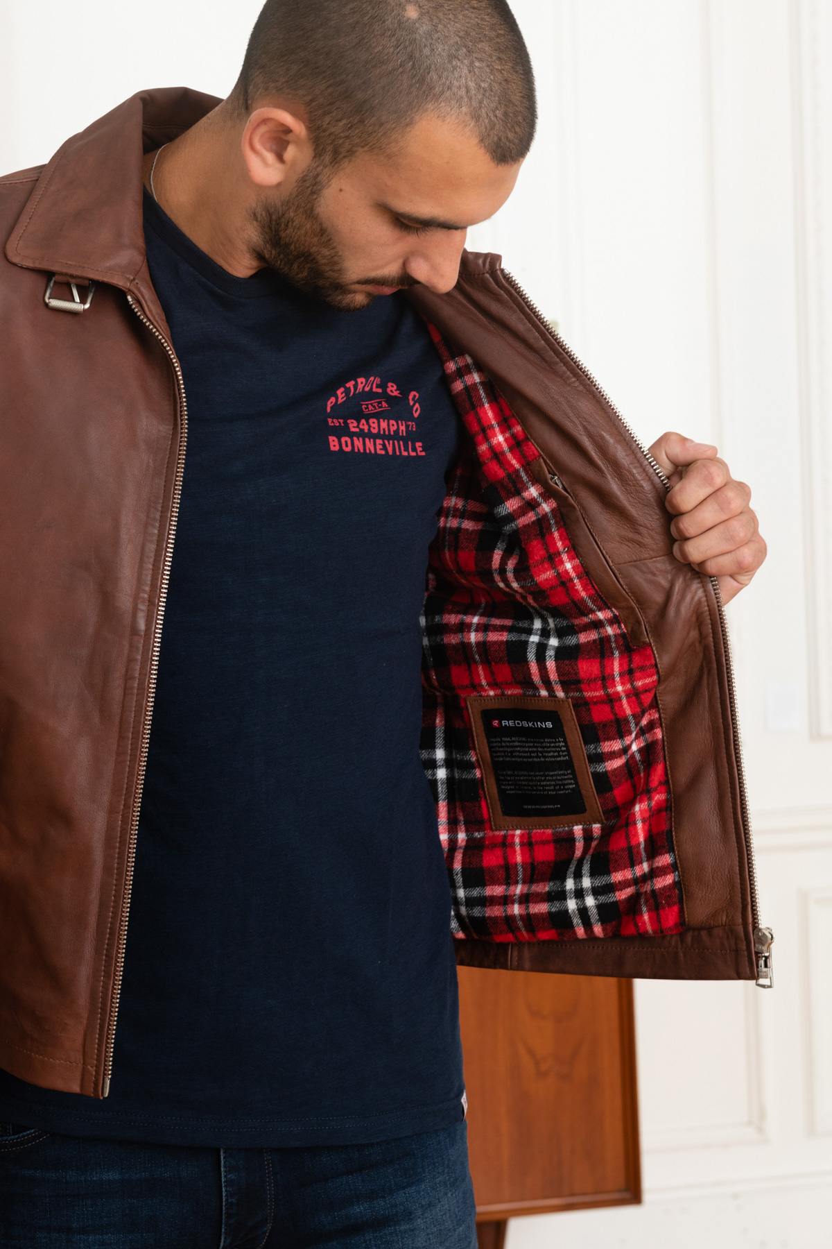 Redskins' Rider2 Stoner: cognac lambskin, biker style, shirt collar. - Image n°4