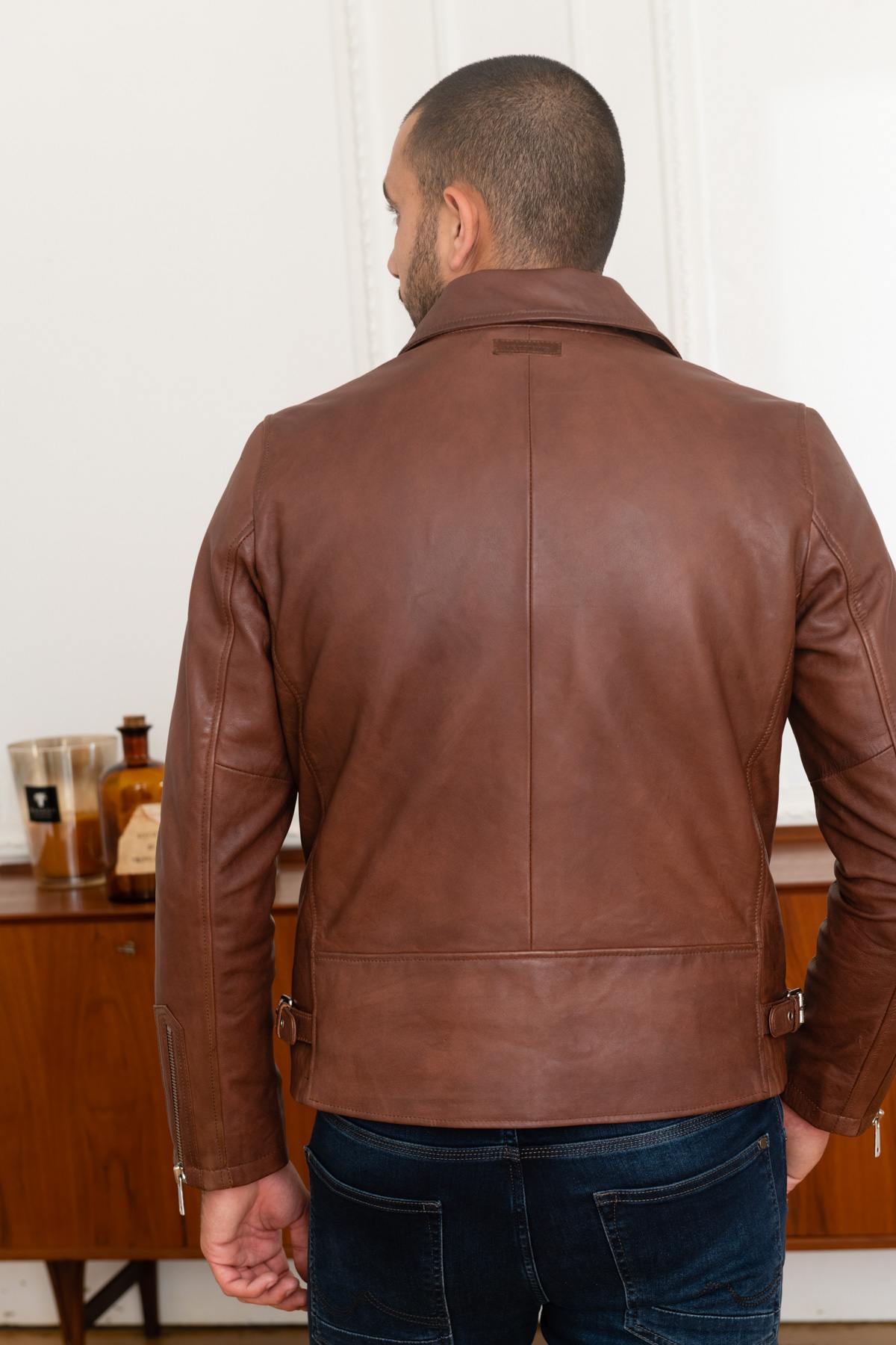 Redskins' Rider2 Stoner: cognac lambskin, biker style, shirt collar. - Image n°5