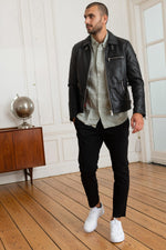 Redskins' black sheep leather jacket: biker style, adjustable collar. - Image n°2