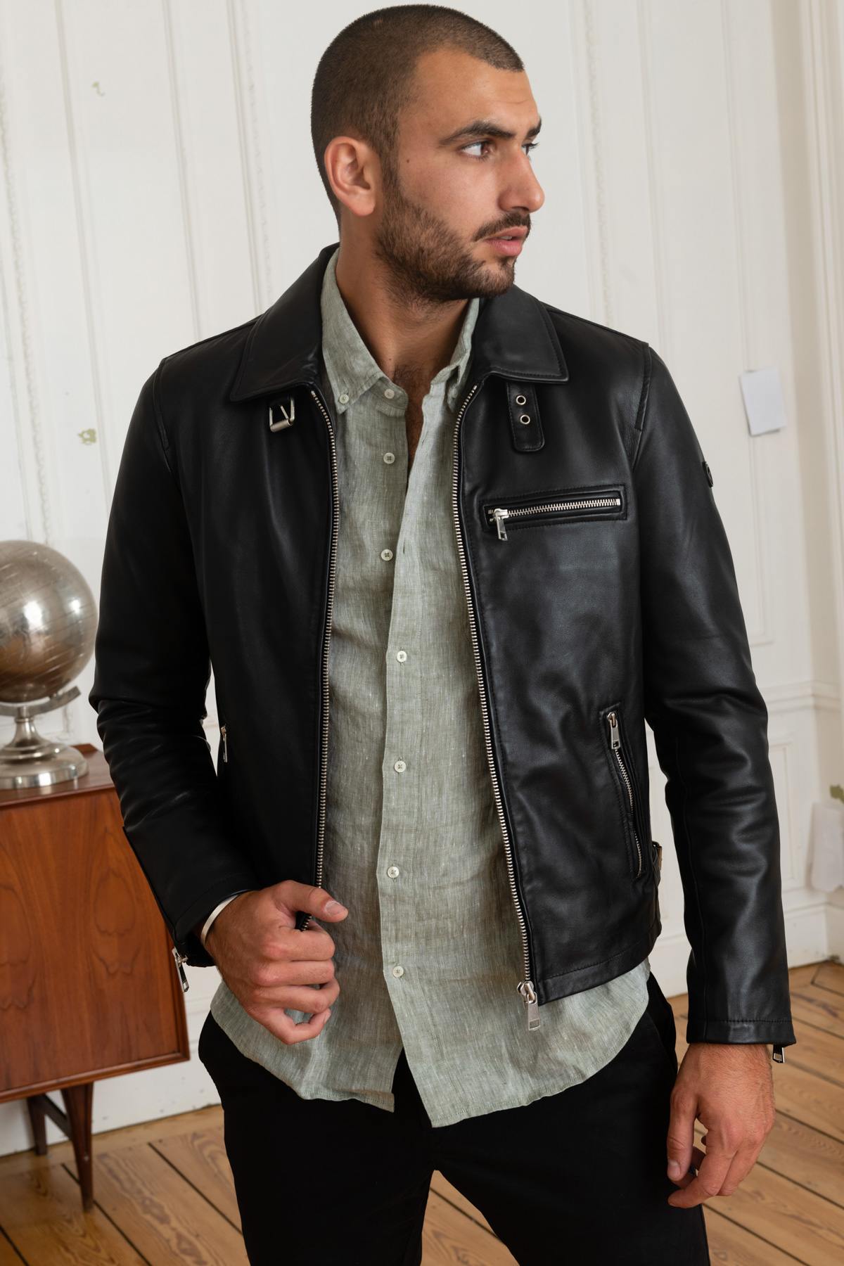 Redskins' black sheep leather jacket: biker style, adjustable collar. - Image n°6