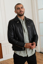 Redskins' black sheep leather jacket: biker style, adjustable collar. - Image n°3