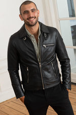 Redskins' black sheep leather jacket: biker style, adjustable collar. - Image n°1