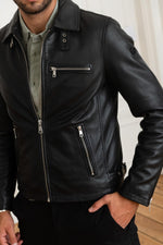 Redskins' black sheep leather jacket: biker style, adjustable collar. - Image n°7
