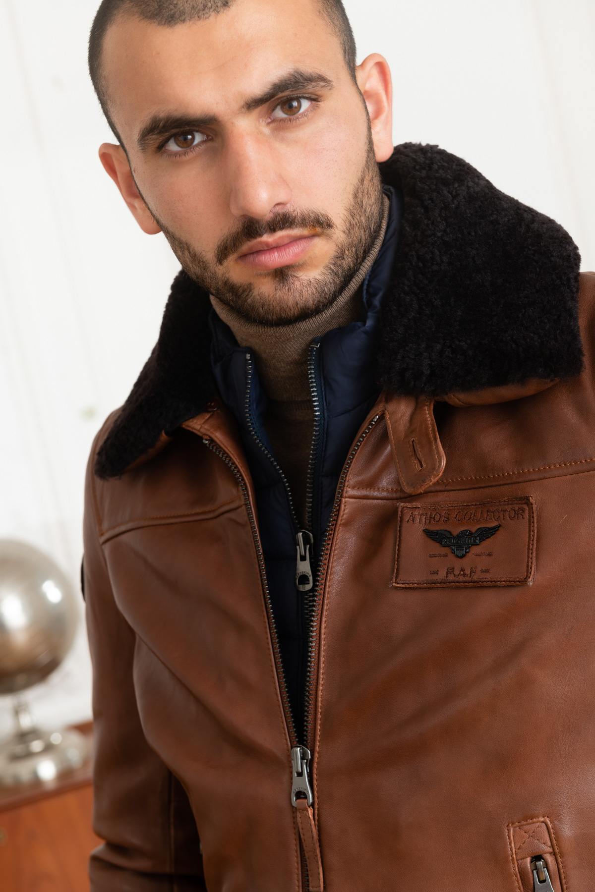 Rich cognac lambskin aviator jacket with removable shearling collar. - Image n°10