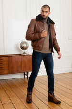 Rich cognac lambskin aviator jacket with removable shearling collar. - Image n°3
