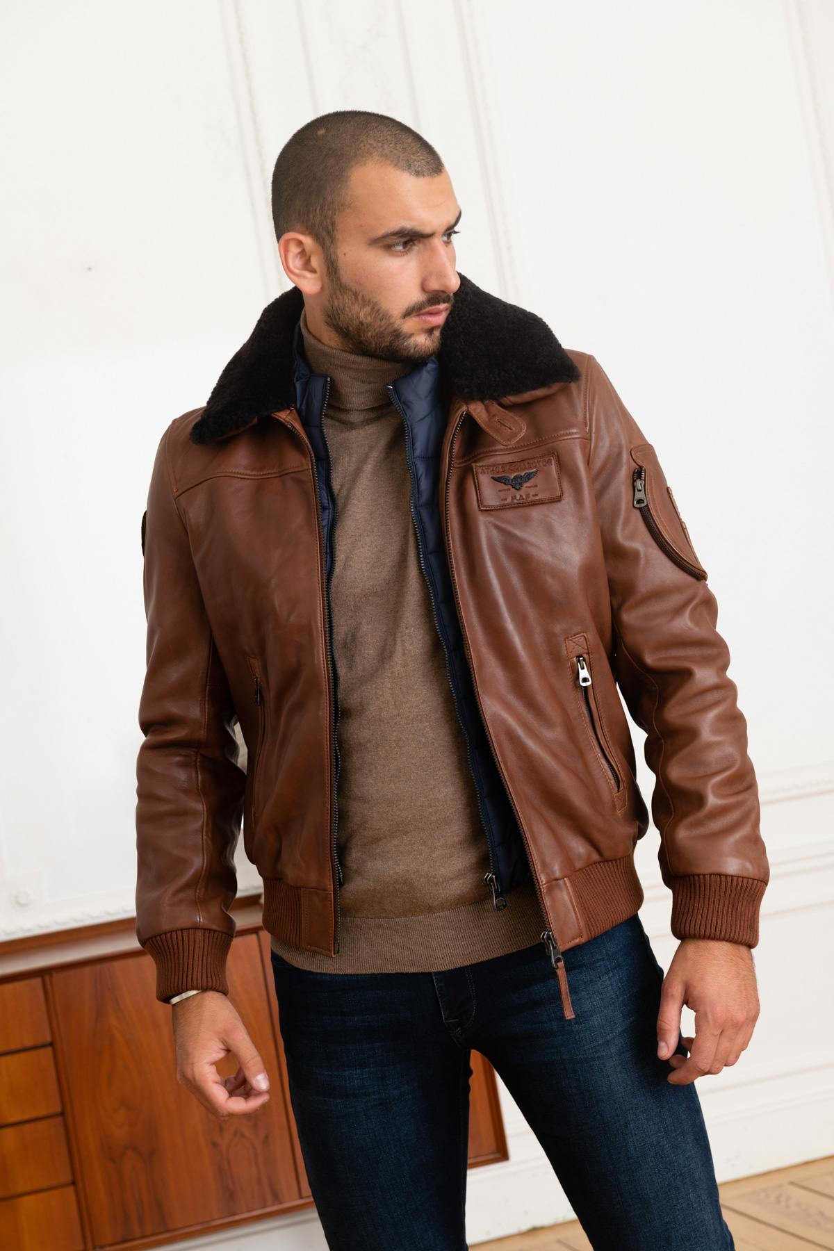 Rich cognac lambskin aviator jacket with removable shearling collar. - Image n°11