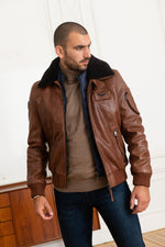 Rich cognac lambskin aviator jacket with removable shearling collar. - Image n°11