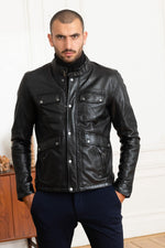 Slim-fit sheepskin leather jacket in glossy black by Oakwood. - Image n°1