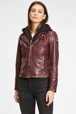 Burgundy leather Biker Jacket with removable hood - Image n°1