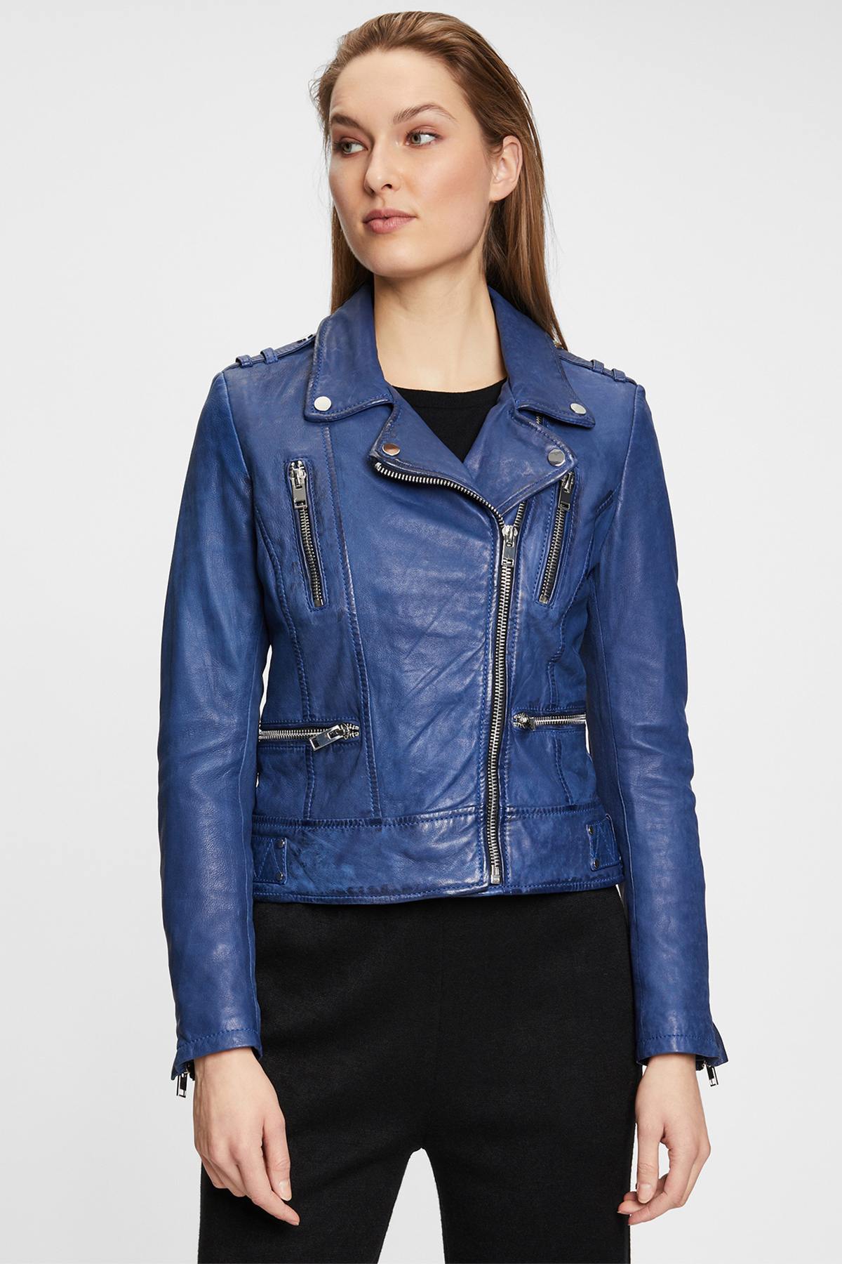 Biker style jacket in blue vegetable lambskin - Image n°1