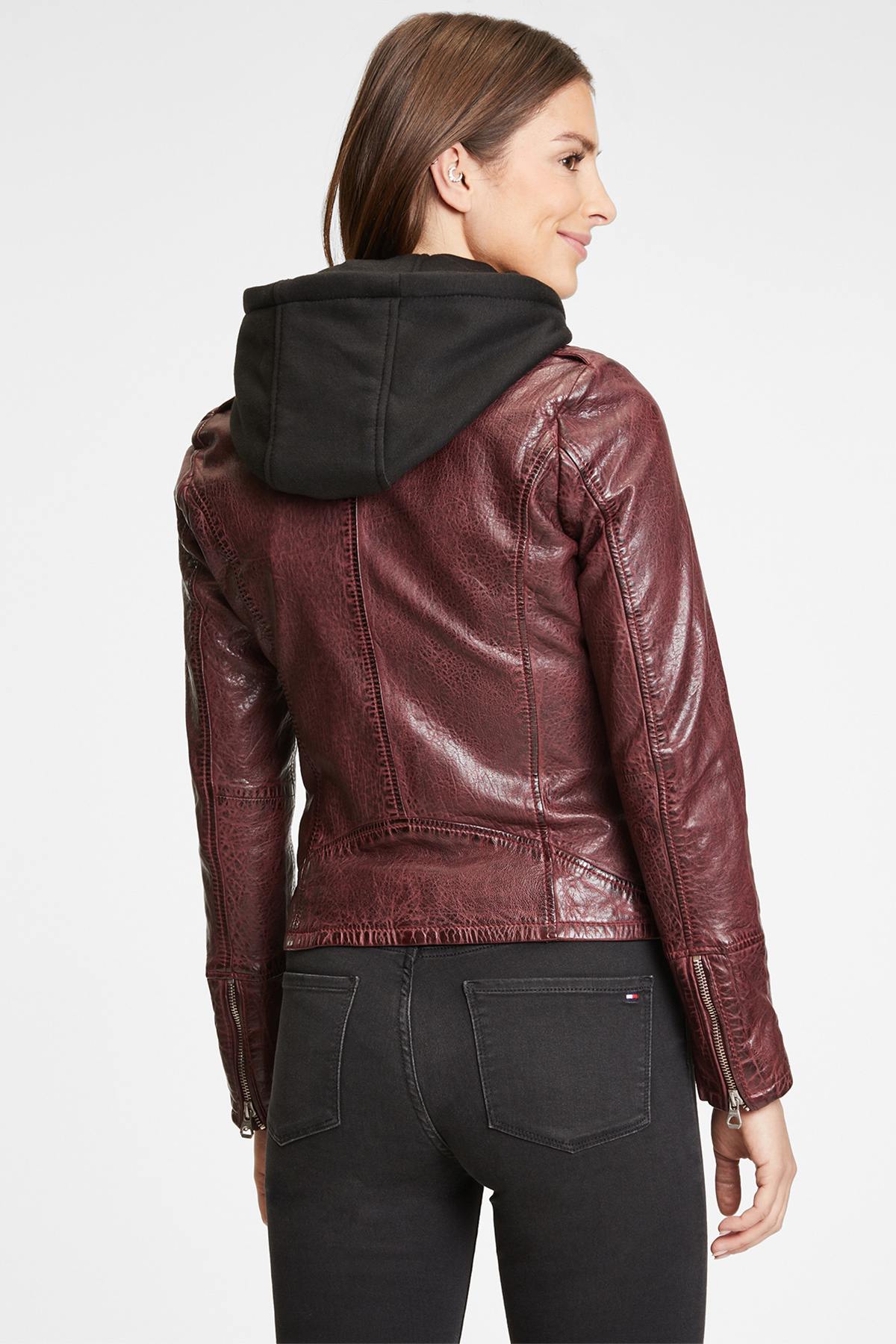 Burgundy leather Biker Jacket with removable hood - Image n°3