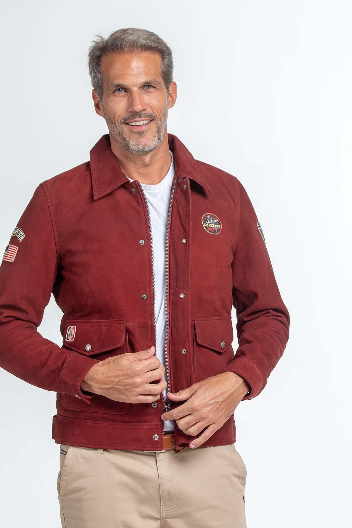 Dark red nubuck sheep leather jacket-Steve McQueen's racing legacy. - Image n°1