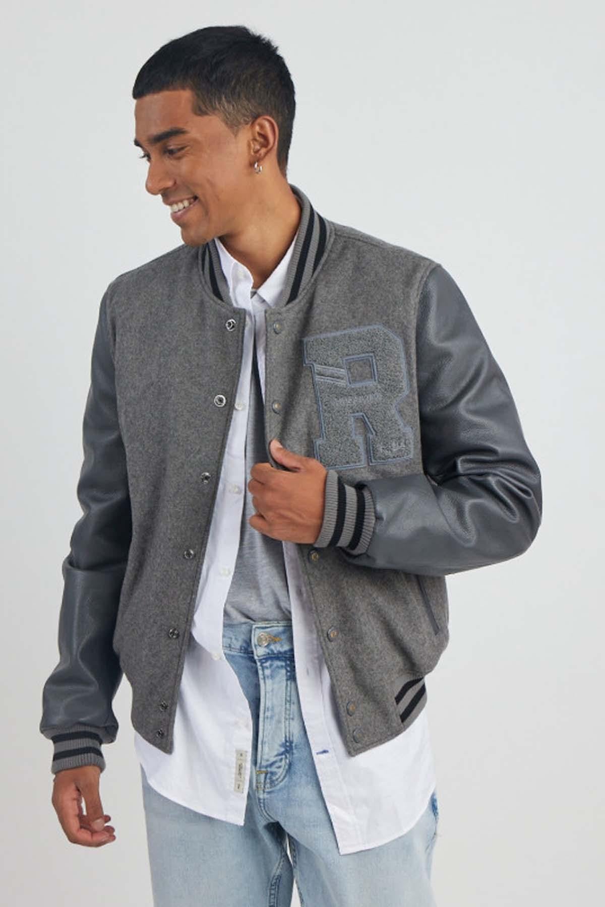 Grey varsity jacket: cowhide leather, teddy sleeves, Redskins "R". - Image n°2