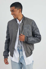 Grey varsity jacket: cowhide leather, teddy sleeves, Redskins "R". - Image n°2