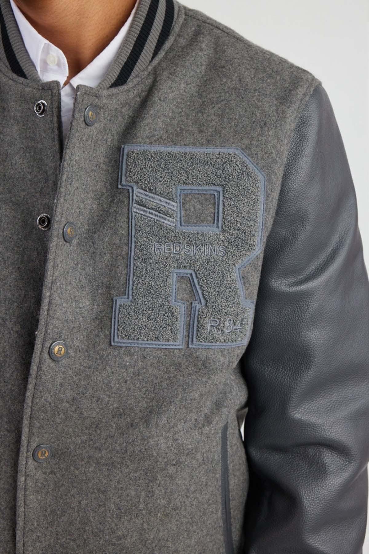 Grey varsity jacket: cowhide leather, teddy sleeves, Redskins "R". - Image n°7