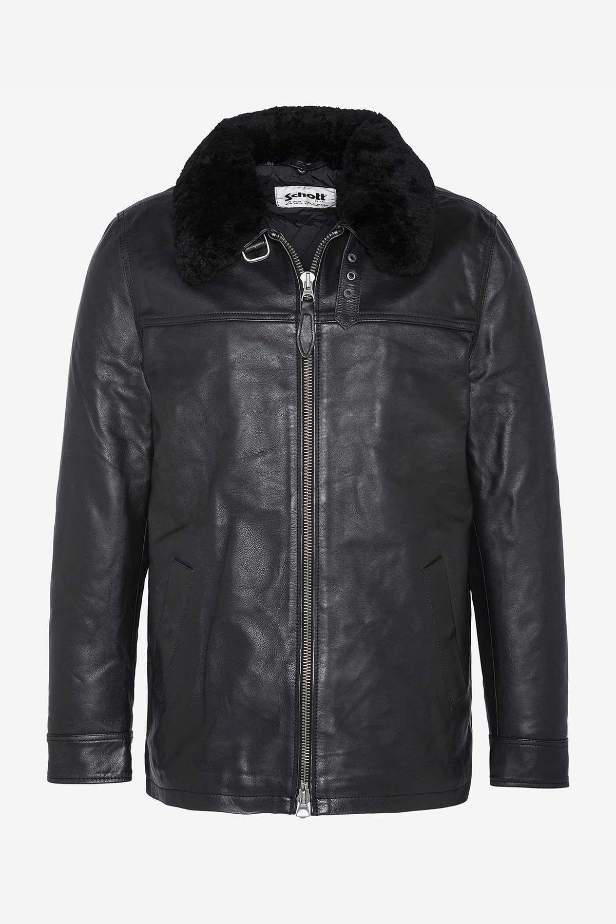 Schott NYC's black cowhide jacket, mid-thigh aviator fit. - Image n°7