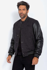 Iconic Schott varsity jacket in grey wool and black calfskin sleeves. - Image n°3
