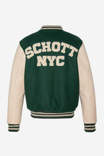 Schott's varsity jacket in green wool and beige vachetta leather. - Image n°8