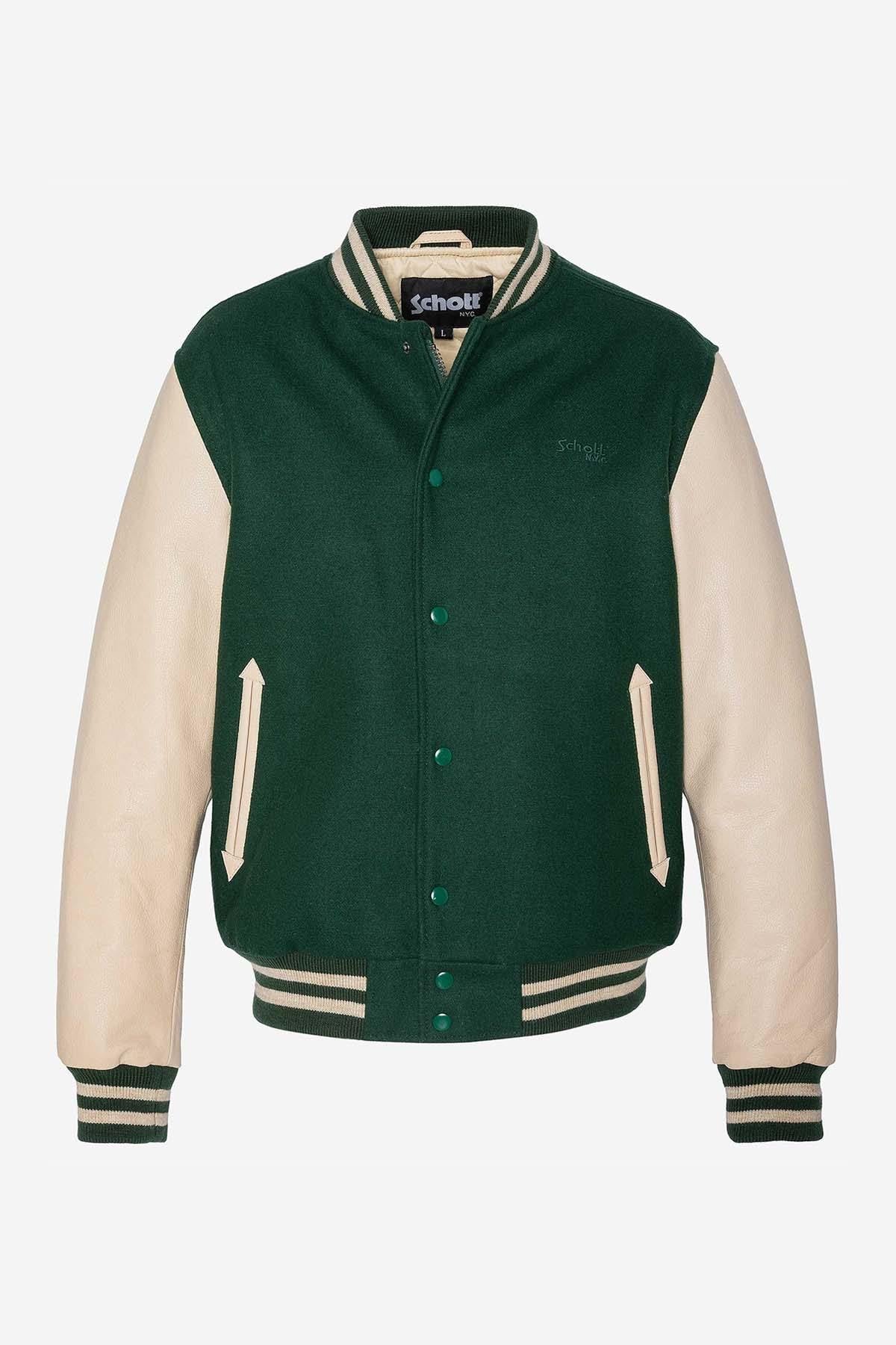 Schott's varsity jacket in green wool and beige vachetta leather. - Image n°9