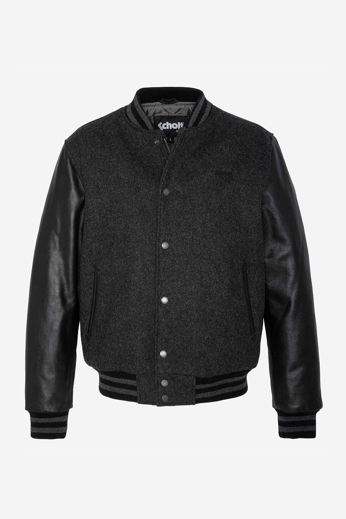 Iconic Schott varsity jacket in grey wool and black calfskin sleeves. - Image n°5