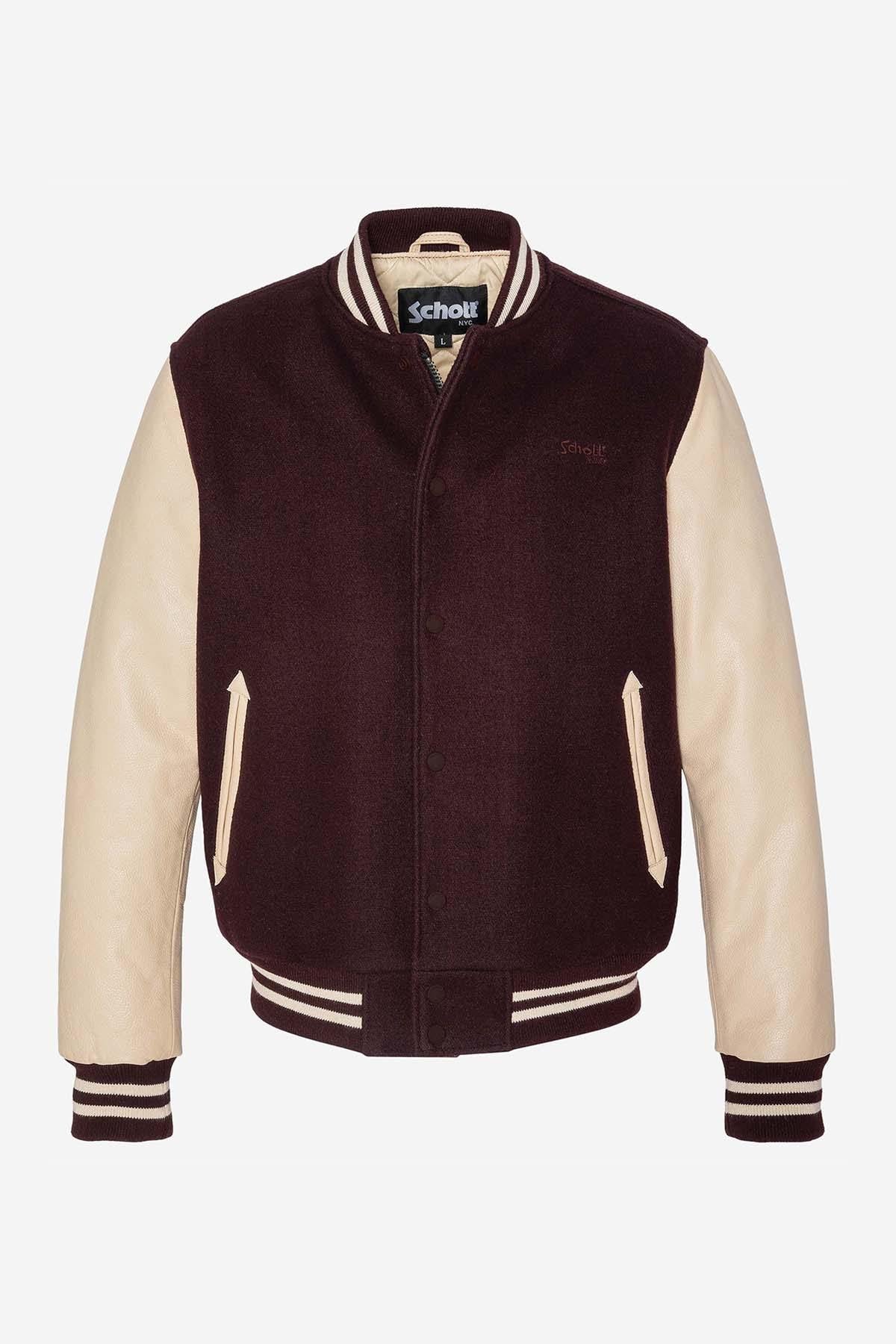 Schott NYC's varsity jacket: bordeaux leather sleeves meet beige wool. - Image n°8